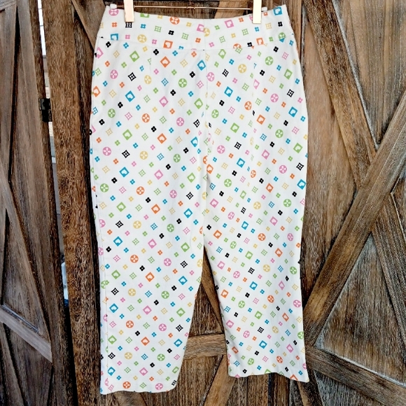 ENVY Vintage Y2k Capri Pants Size 8 White Bootleg Designer Style Geometric Print - Picture 10 of 10